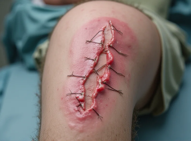 A man showing his leg with many stitches after being attacked by a shark.