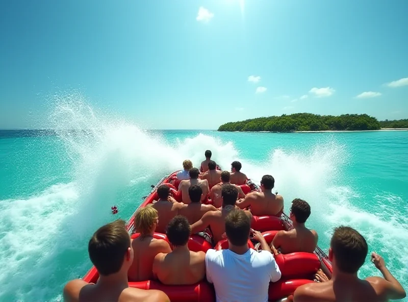 A crowded speedboat being hit by a large wave in the Maldives. Passengers are screaming.