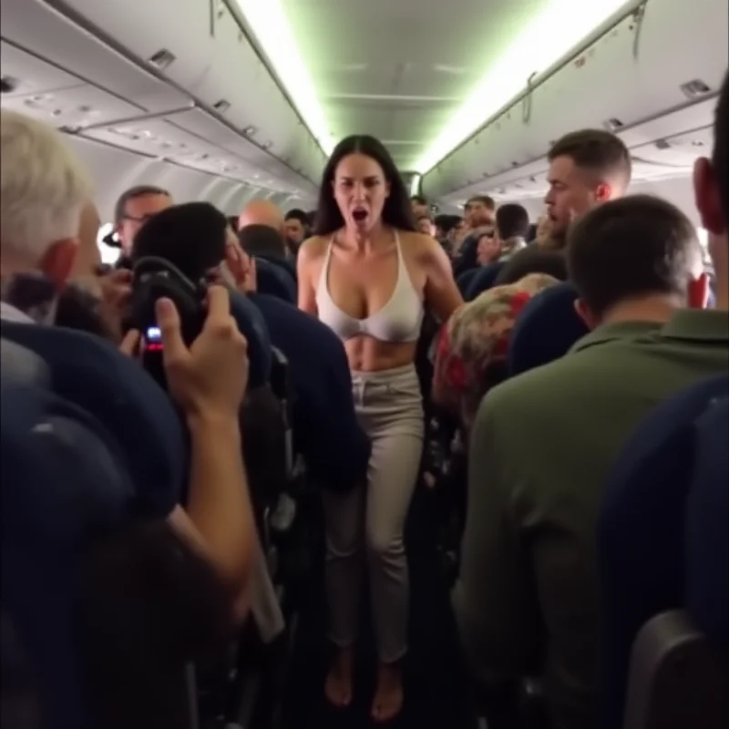 An airplane cabin with passengers looking shocked. A woman is standing in the aisle, unclothed, yelling.