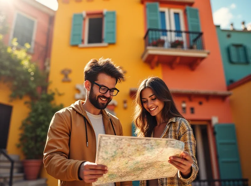 Couple looking at a map in front of a quirky building