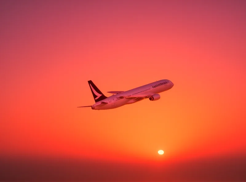 Cathay Pacific airplane taking off at sunset