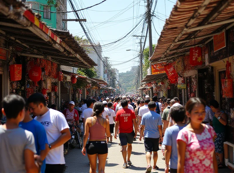 Crowd of tourists walking through a bustling street in the Philippines