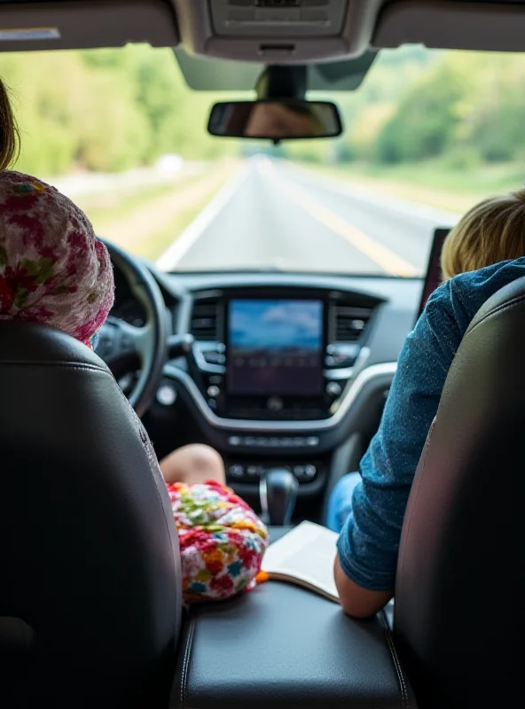 A car interior with various travel items: snacks, a travel pillow, a book, and a tablet mounted on the headrest.