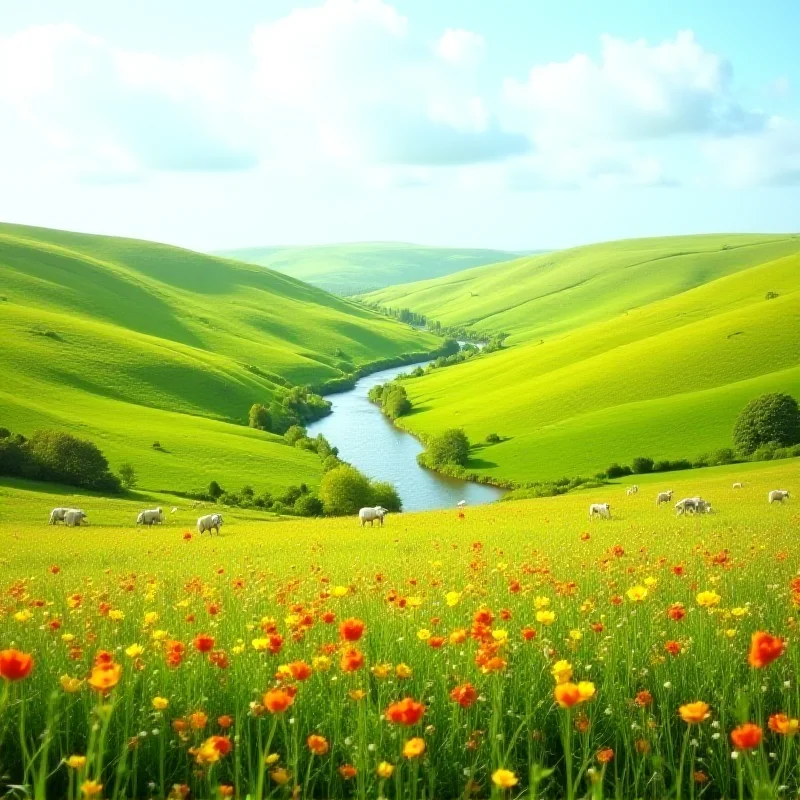 A picturesque landscape of the English countryside with rolling green hills and a winding river.