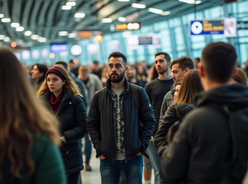 A diverse group of people standing in a long security line at an airport, looking slightly frustrated.