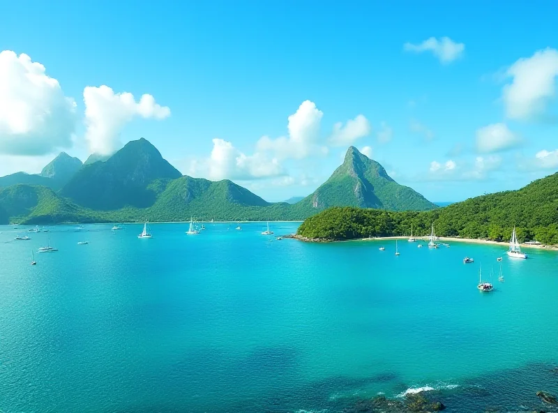 Lush green landscape of St. Lucia with the Pitons in the background, turquoise water, clear blue sky