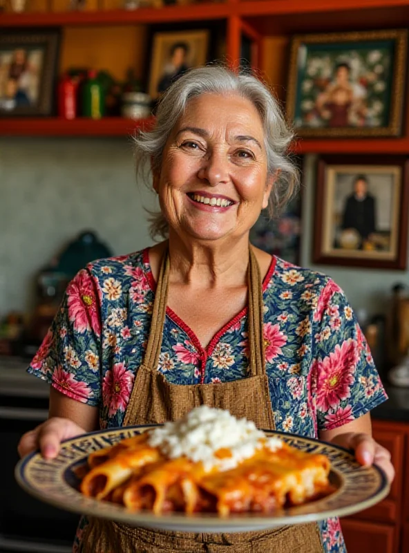 A smiling elderly Mexican woman wearing a traditional apron, standing in her brightly colored kitchen, holding a plate of enchiladas, with family photos on the wall in the background.