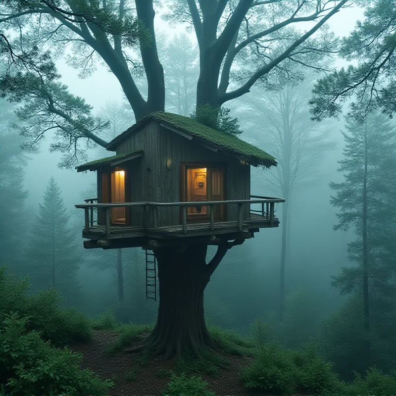 A rustic treehouse nestled high in the branches of a large evergreen tree in a dense forest. Fog hangs in the air, creating a mystical atmosphere. The treehouse has a small porch and a ladder leading up to it.