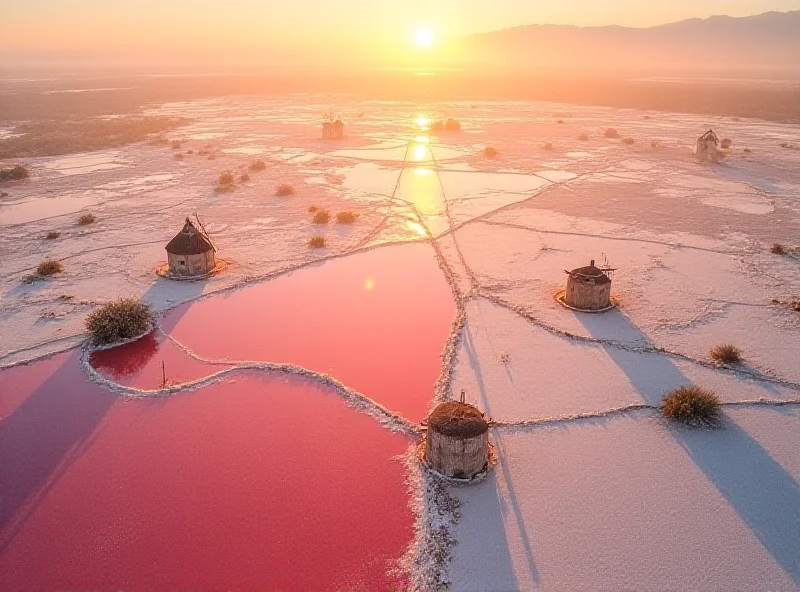 Aerial view of the Salt Pans of Trapani and Marsala in Sicily, Italy, with windmills and colorful water.