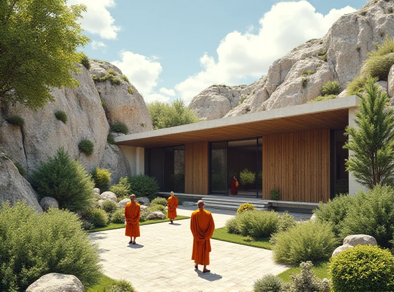 Architectural rendering of a modern Buddhist monastery nestled in a rocky landscape, with monks walking peacefully in the courtyard.