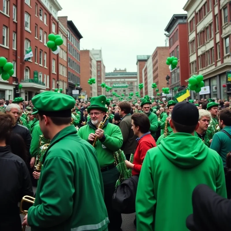 A crowded street in Boston during a St. Patrick's Day parade. People are wearing green clothing and hats, waving Irish flags, and cheering. A marching band is playing in the foreground.