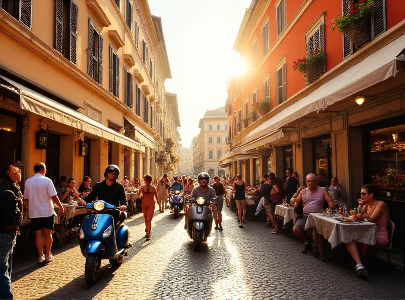 A bustling street scene in Rome, Italy, with tourists and locals enjoying the vibrant atmosphere.