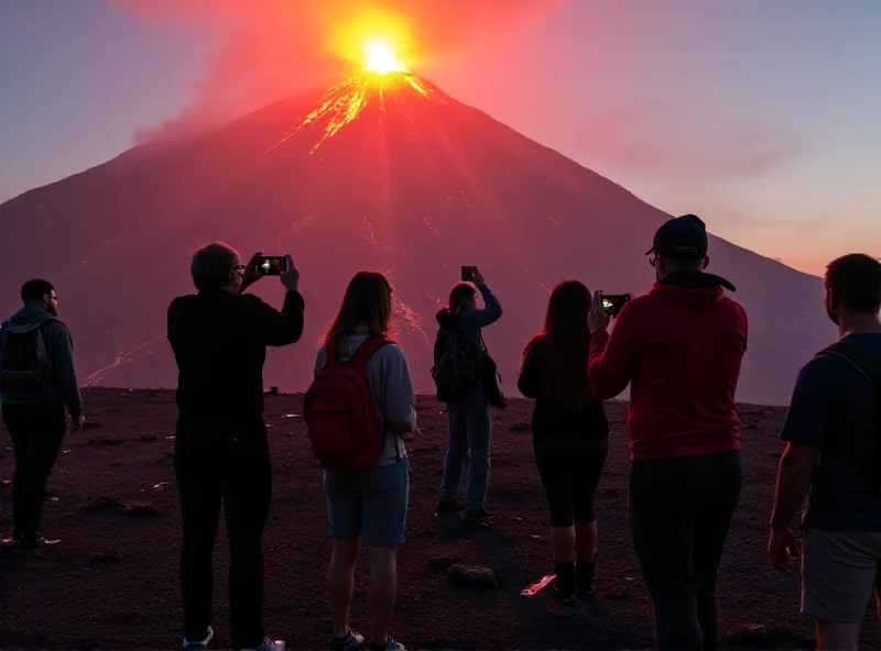 Tourists taking selfies in front of the erupting Mount Etna volcano in Sicily.