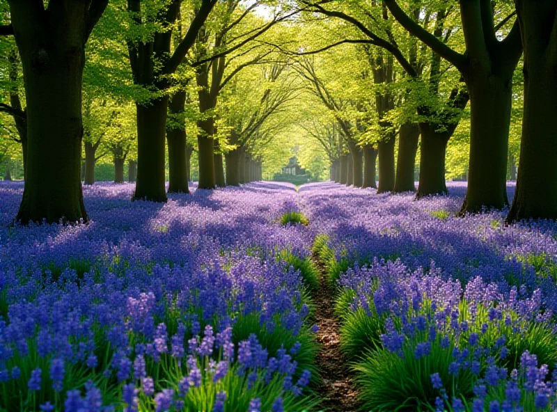 A field of bluebells in the UK, with dappled sunlight filtering through the trees.