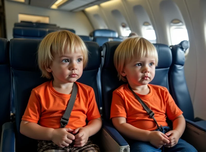 Twins sitting in airplane seats looking bored