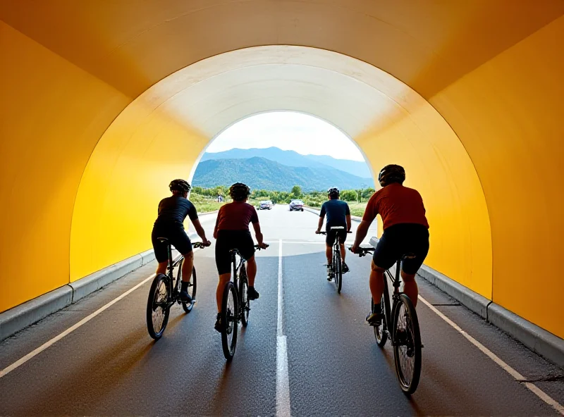 Cyclists riding through a brightly lit tunnel with smooth asphalt.