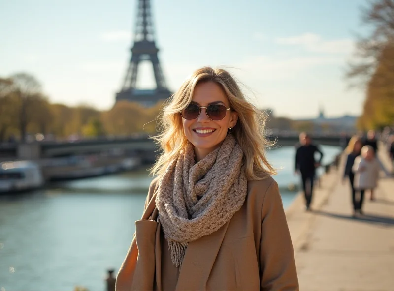 A stylish woman in Paris, casually dressed, walking along the Seine River with the Eiffel Tower in the background. She is smiling and appears to blend in with the local Parisians.