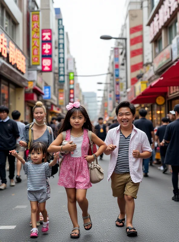 A family with two young children exploring a vibrant street in Tokyo, Japan. They are surrounded by colorful signs and bustling crowds, all smiling and enjoying the experience.