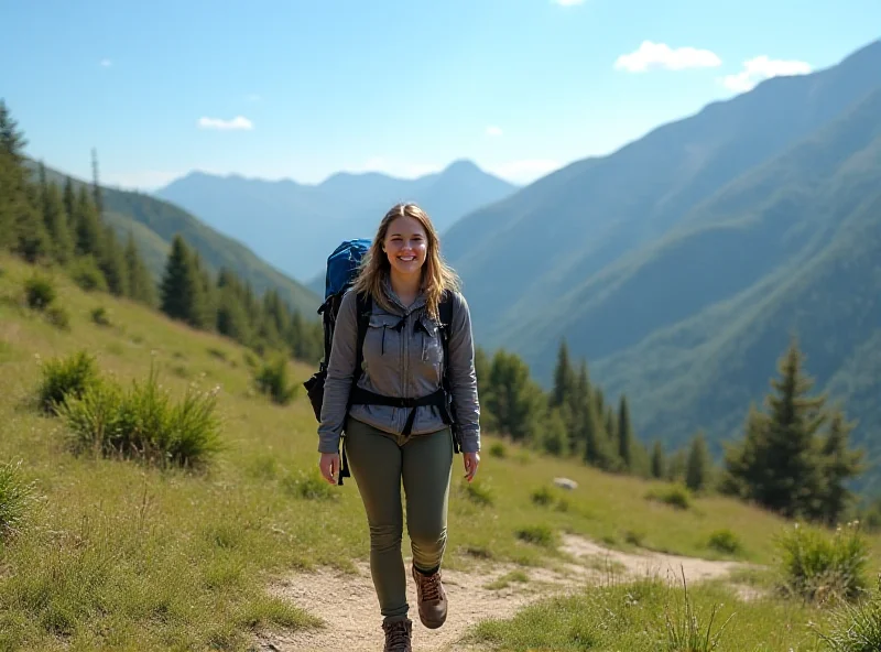 Abigail Waters, a young woman with a backpack, standing in front of a scenic landscape in a foreign country. She is smiling confidently and appears to be enjoying her budget-friendly travels.