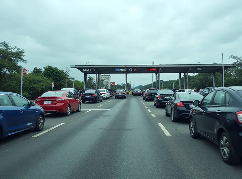 Cars lined up at a border checkpoint, with signs indicating immigration and customs.