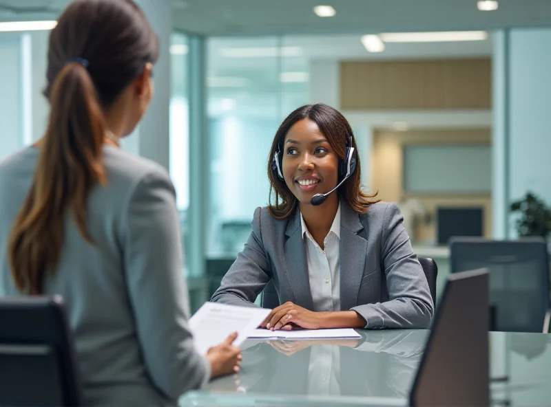 A friendly Expedia customer service agent helping a traveler at a desk.