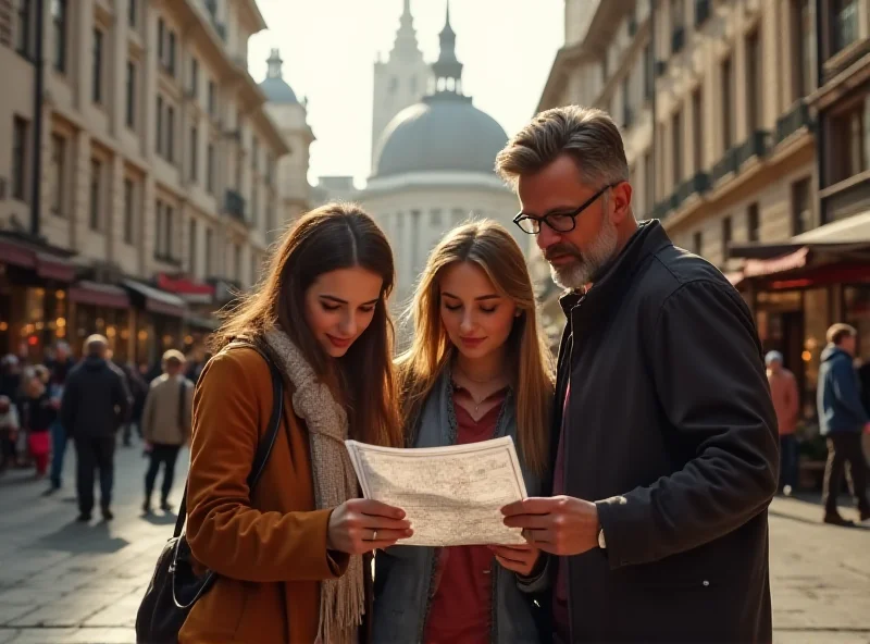 A teenager looking at a map with their parents, smiling, in a bustling city.