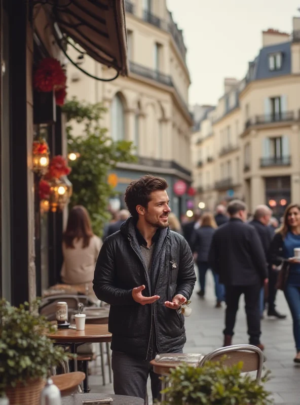 A person ordering coffee in Paris, attempting to speak French.