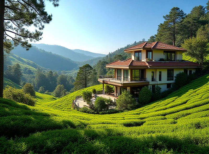 Exterior view of a luxury villa in Ooty, surrounded by lush greenery and rolling hills.