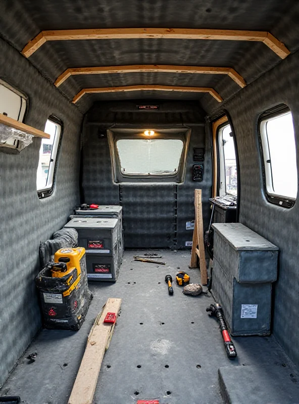 Interior view of a campervan, showcasing the Armaflex insulation installed on the walls and ceiling.