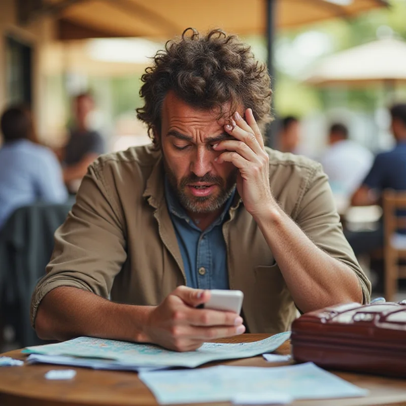 A person on their phone looking stressed while trying to manage travel bookings.