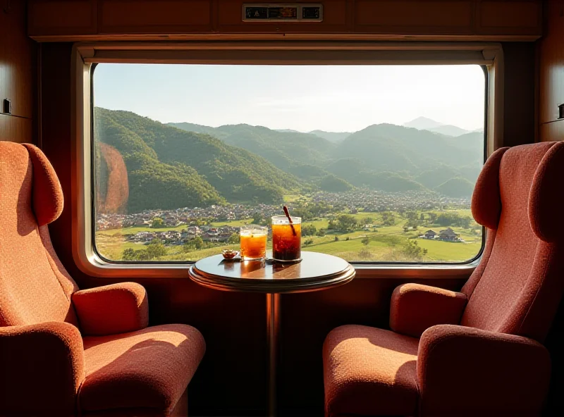 Interior of a premium train cabin, showing comfortable, spacious seating, with complimentary drinks and snacks on a small table. Large windows offer a view of the passing scenery.