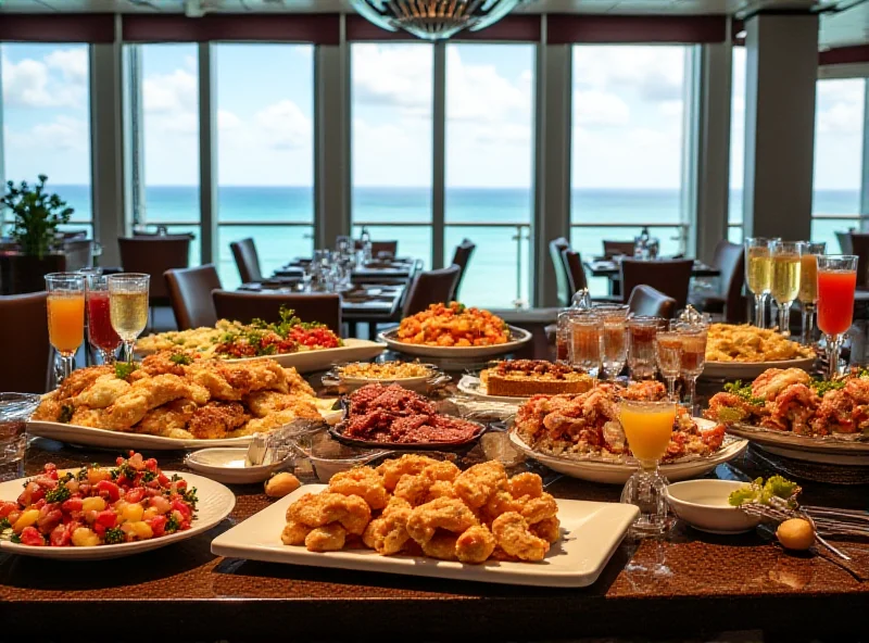 A lavish brunch buffet at Palo Steakhouse on a Disney cruise, featuring a wide selection of gourmet dishes, fresh seafood, pastries, and a variety of drinks. Sunlight streams in through large windows with ocean views.