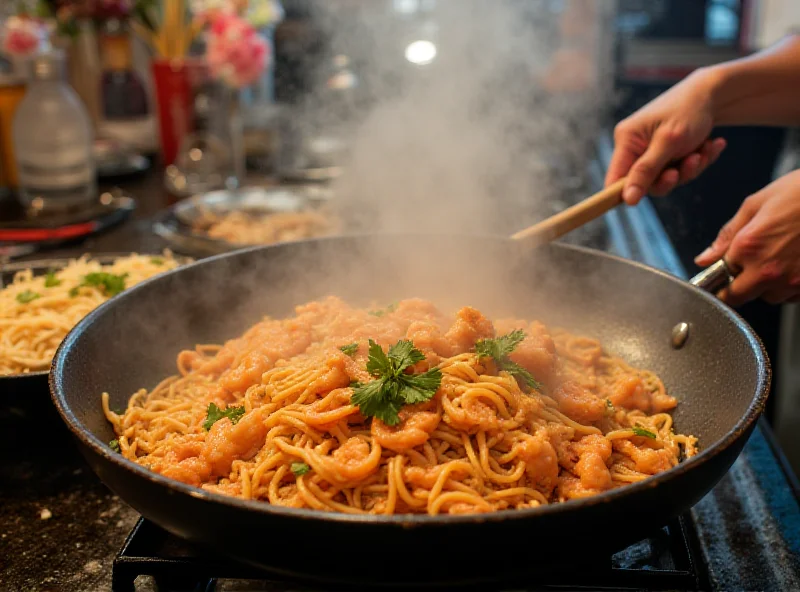 Close-up of Pad Thai being cooked in a street food stall in Bangkok.