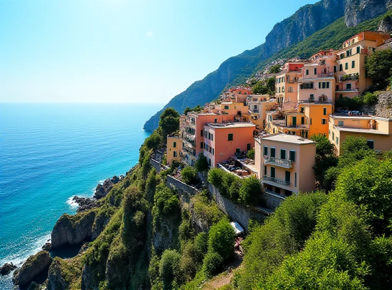 Panoramic view of Ravello, Italy, with colorful buildings overlooking the Amalfi Coast.