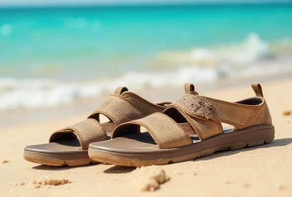 A pair of comfortable walking sandals on a sandy beach with a turquoise ocean in the background.