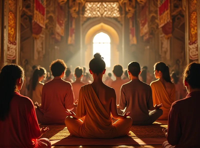 A group of people meditating in a serene temple setting