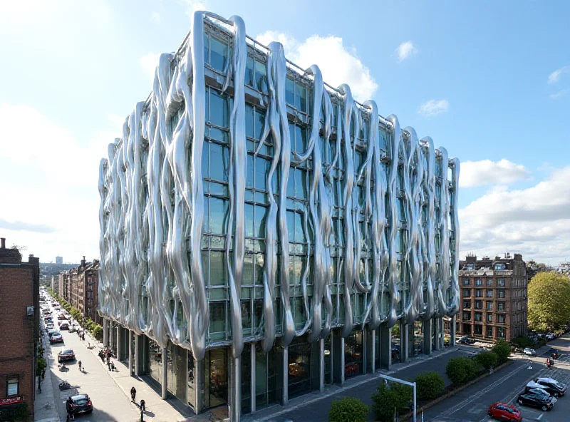 Wide angle shot of the 'ribbon building' hotel in Edinburgh, showcasing its steel ribbon design