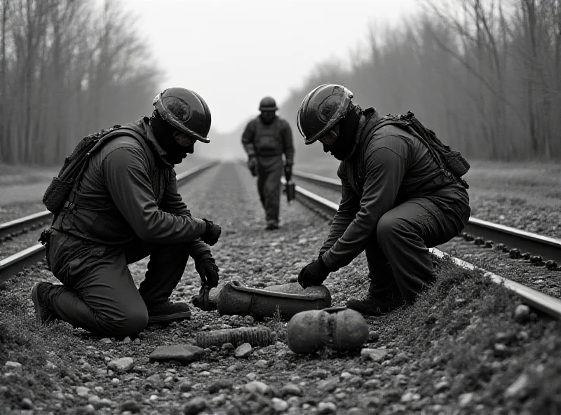 A black and white photo of a bomb disposal squad working on an unexploded bomb in a railway area.