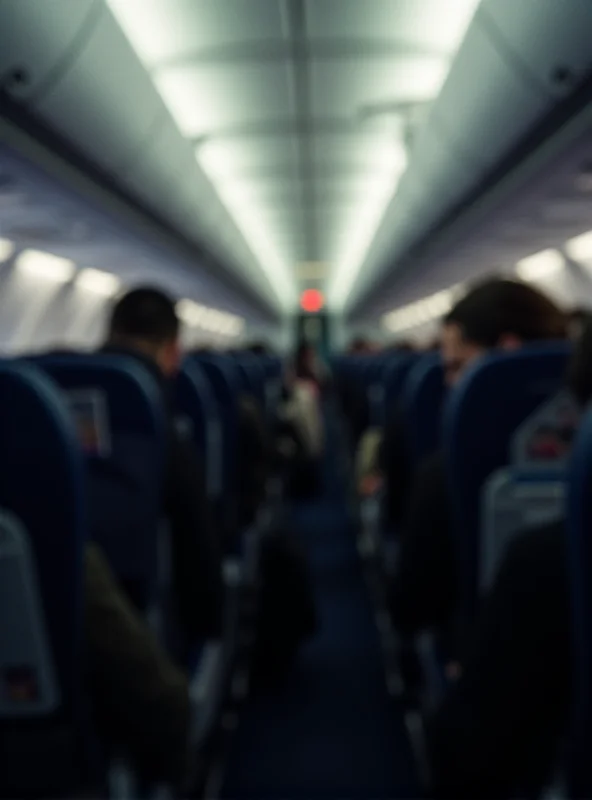 A blurred image of the interior of an airplane, with passengers seated and overhead bins visible.