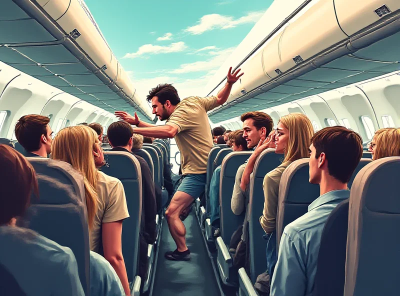 Illustration of a chaotic airplane scene with two families arguing and other passengers looking on in shock.