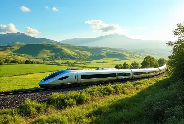 A modern high-speed train traveling through a scenic European landscape.