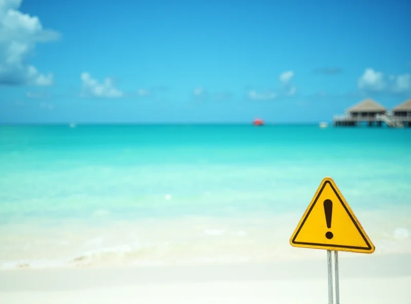 Beautiful beach scene in Turks and Caicos with turquoise water and white sand, but with a subtle overlay of a warning sign.