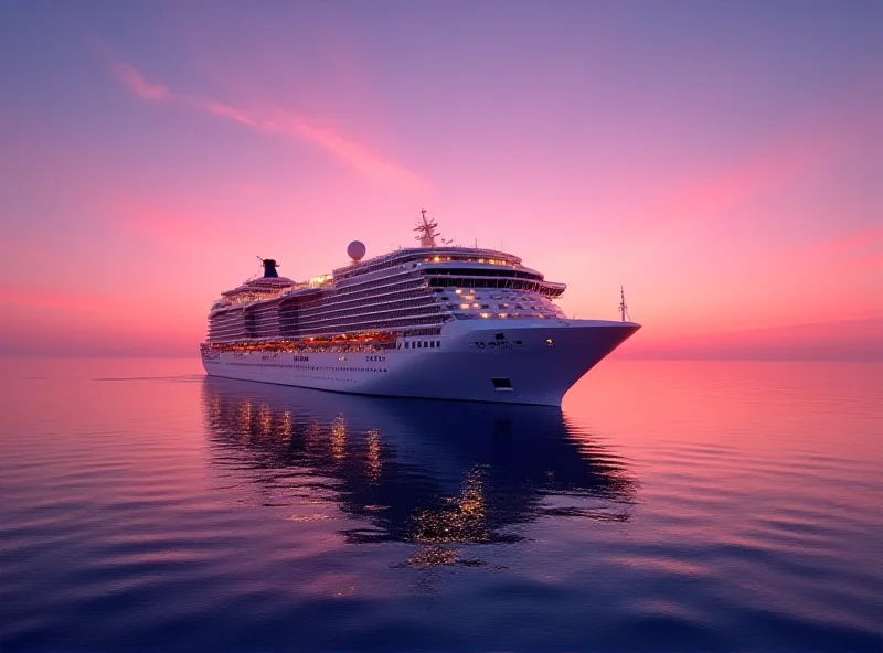 A cruise ship sailing through calm, blue waters at sunset.