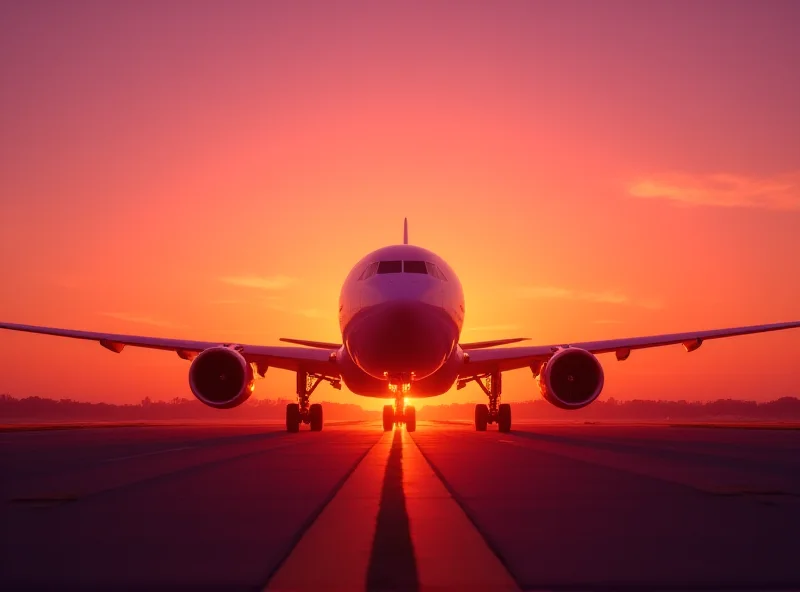 Airplane on a runway at sunset