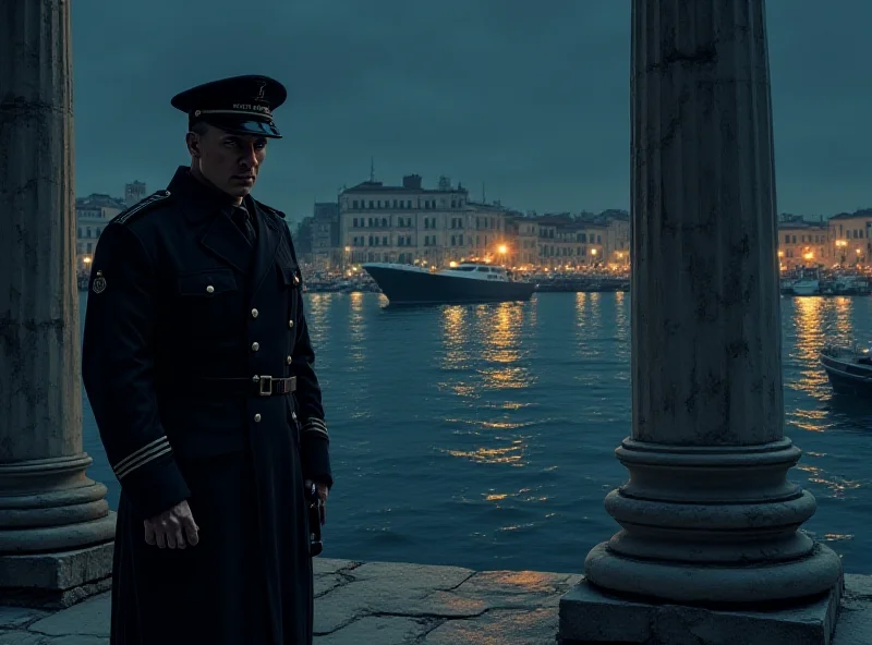 Illustration of a stern-looking Greek police officer standing next to a marble column fragment, with the port of Patras in the background.