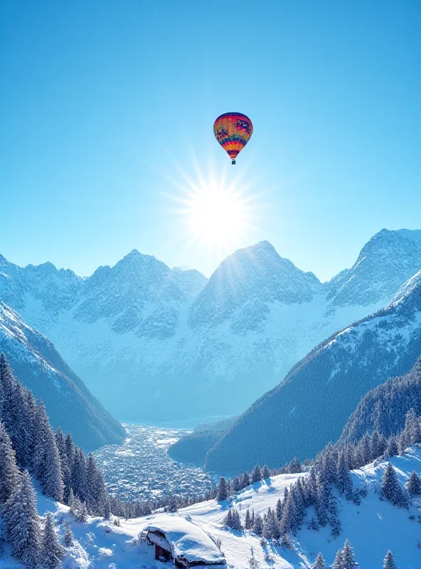 A scenic view of the Alps covered in snow, with a hot air balloon floating gracefully above the mountain peaks.