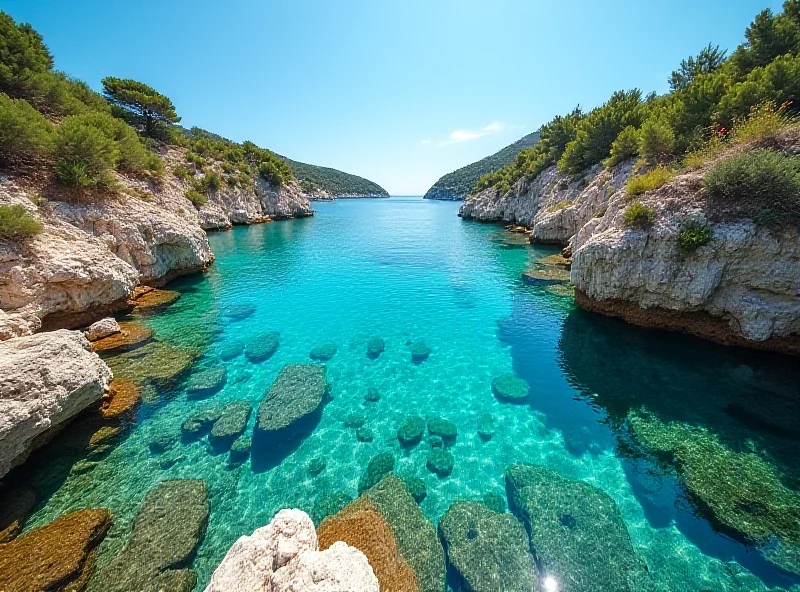 A panoramic view of the Croatian coastline, featuring crystal-clear turquoise water, rocky cliffs, and lush green vegetation.