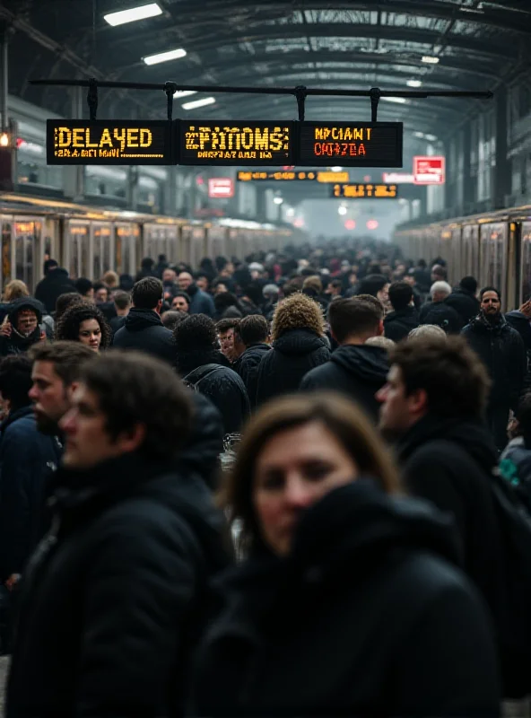 A photograph of a train station in the UK, depicting crowded platforms and delayed trains, with a sign displaying service disruption information.