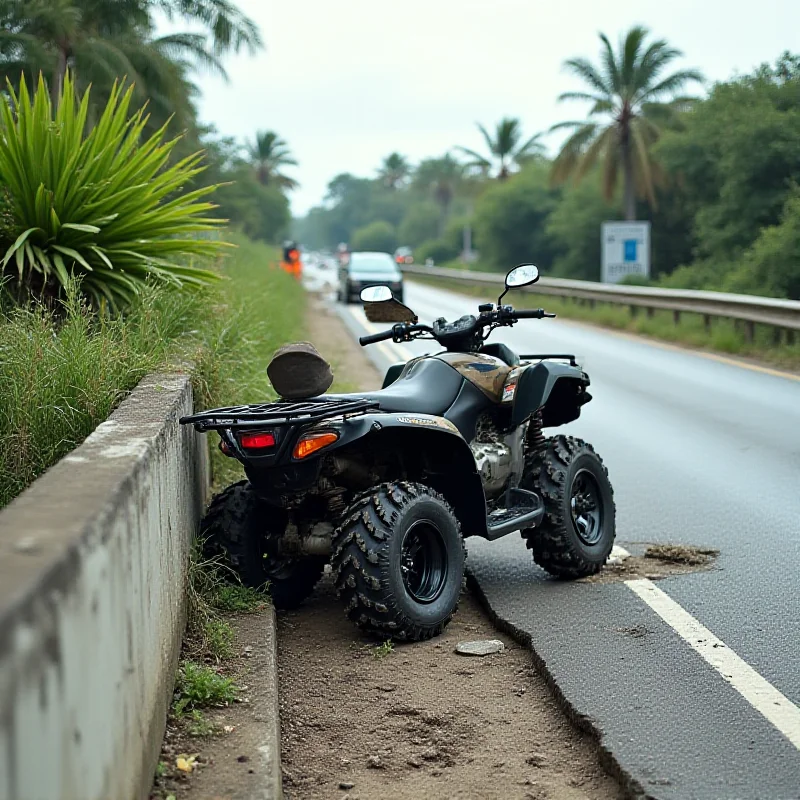 A quad bike smashed against a concrete barrier on the side of a highway in Thailand. The scene is somber and suggests a fatal accident.