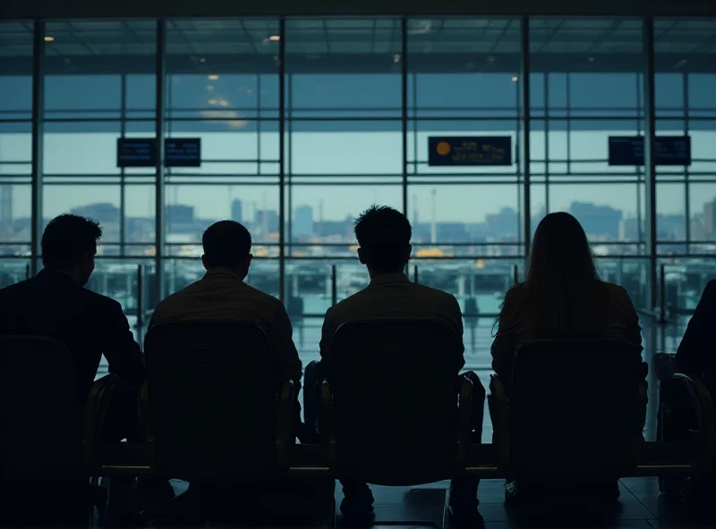 Anxious passengers waiting in an airport terminal, looking worried and uncertain about their delayed flight.